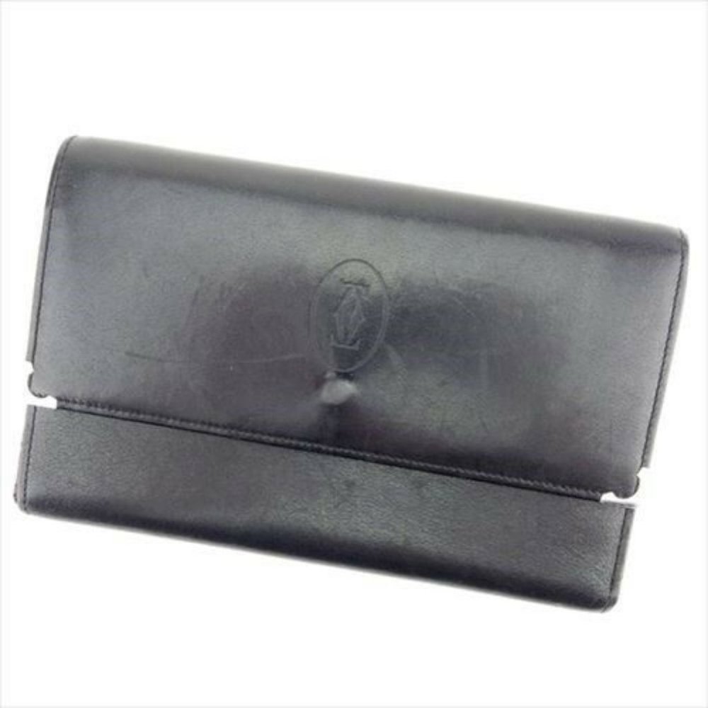 Cartier Wallet Purse Trifold Mastline Black leather Woman Authentic Used T8978